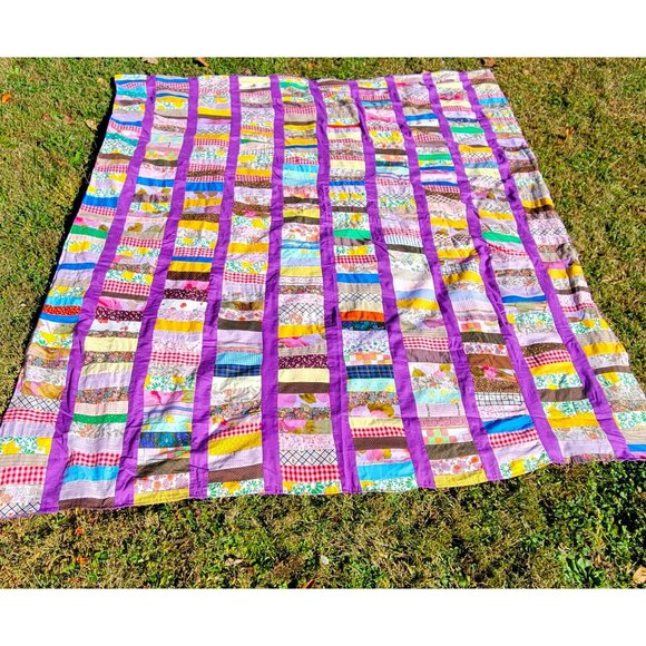 Handmade Patchwork Quilt Home Ec Project With Purple Borders No Batting - Picture 4 of 16